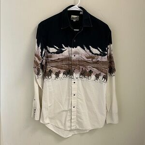 Vintage Express Rider Black/White Horse Shirt with Black Snap Buttons Size M